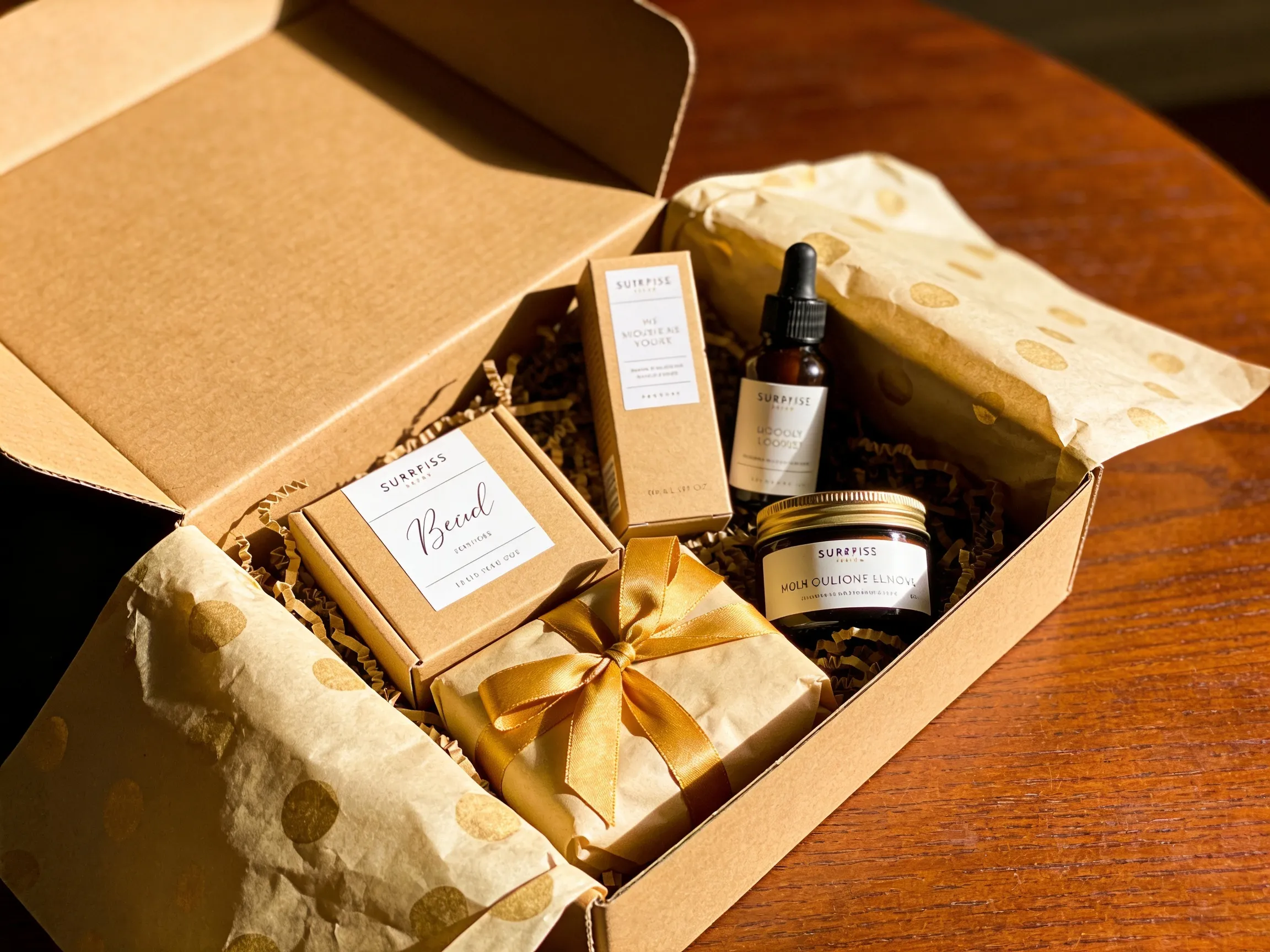 Box abonnement surprise ouverte révélant des produits beauté emballés en papier de soie, idée cadeau fête des mères original