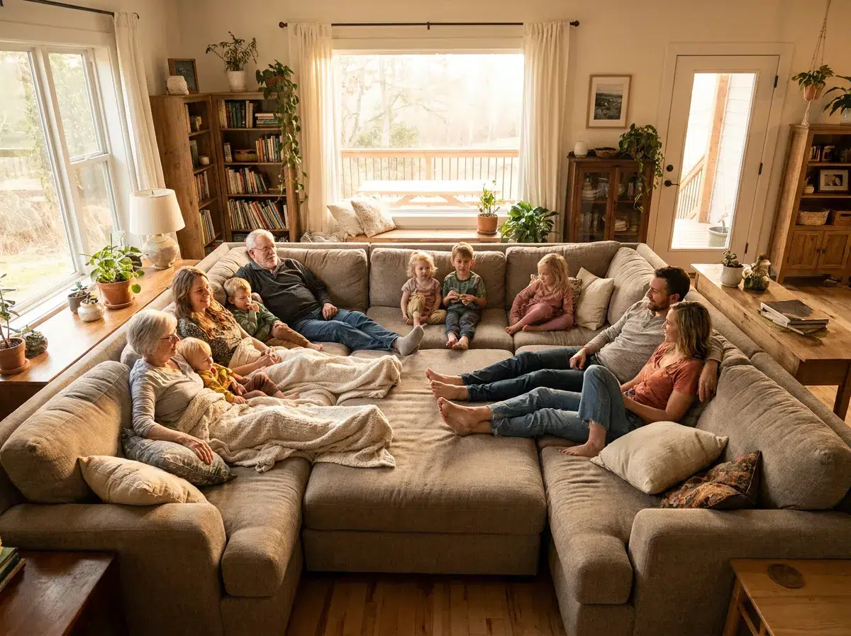Famille profitant du confort d'un canapé panoramique 7 places dans une pièce à vivre.