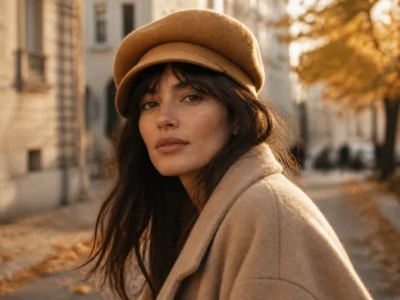 Femme portant une casquette béret en laine caramel inclinée sur le côté, manteau oversize beige, rue pavée en automne