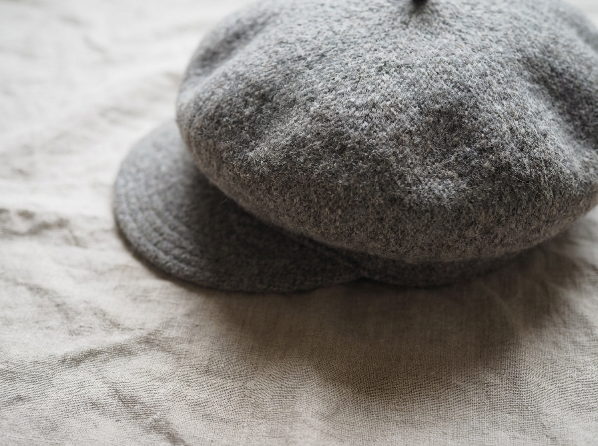 Gros plan sur la visière structurée et le galbe en laine bouillie d'une casquette béret gris chiné, texture visible au toucher