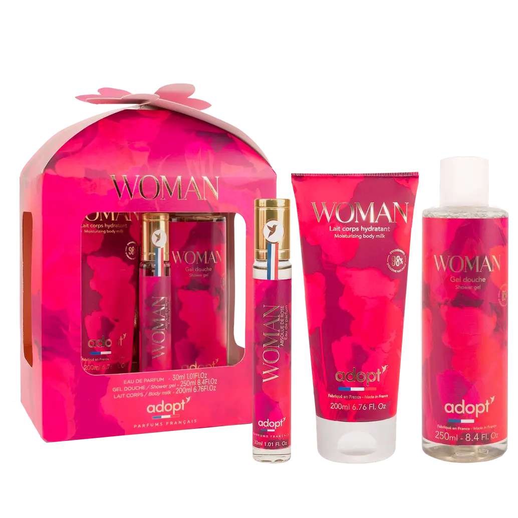 Coffret Woman Adopt Parfums Français : eau de parfum 30 ml et gel douche 250 ml dans écrin rose lacqué