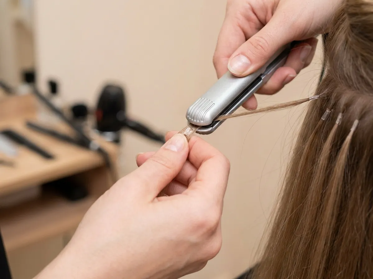 Coiffeuse posant une extension à la kératine sur une mèche de cheveux naturels