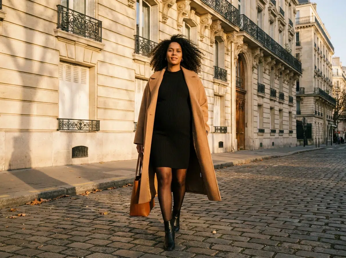 Femme enceinte portant un collant de contention noir transparent sous une robe et un manteau camel.