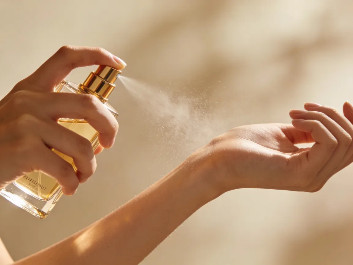 Femme qui vaporise du parfum sur son poignet pour en tester les notes de tête, de cœur et de fond avant de faire son choix.