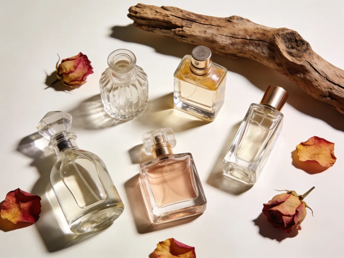 Plusieurs flacons de parfum élégants posés en flat lay avec des pétales de rose, pour choisir son parfum selon sa personnalité.