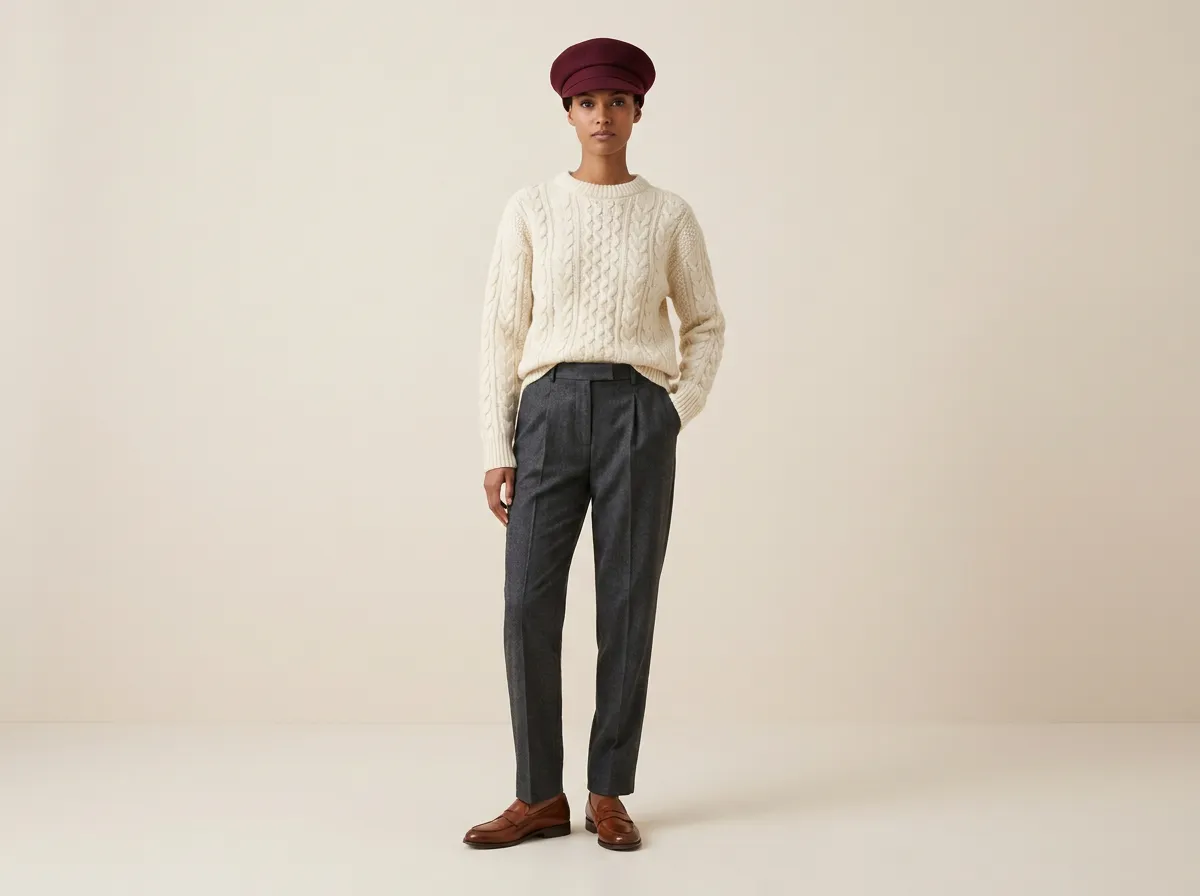 Tenue casual chic avec casquette béret bordeaux, pull en maille crème, pantalon tailleur gris anthracite et mocassins cuir