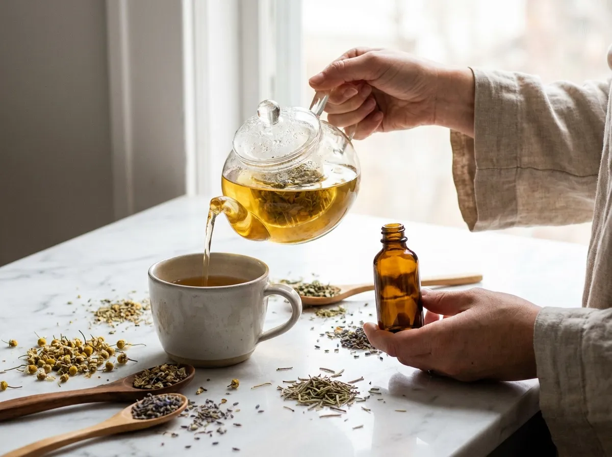 Mains féminines tenant un flacon en verre ambré entouré de plantes séchées — soutien naturel et holistique pour l'équilibre hormonal féminin