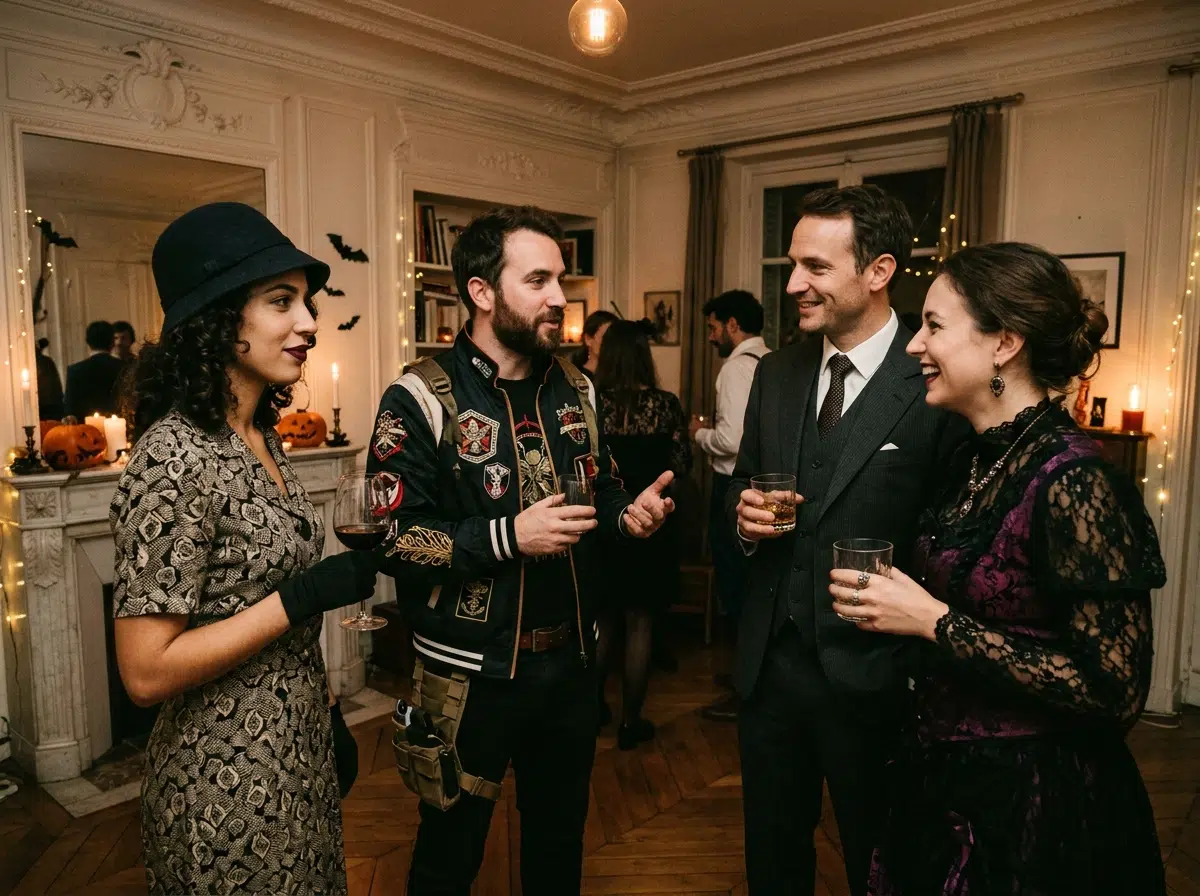 Groupe d'adultes en déguisements originaux et créatifs lors d'une soirée costumée