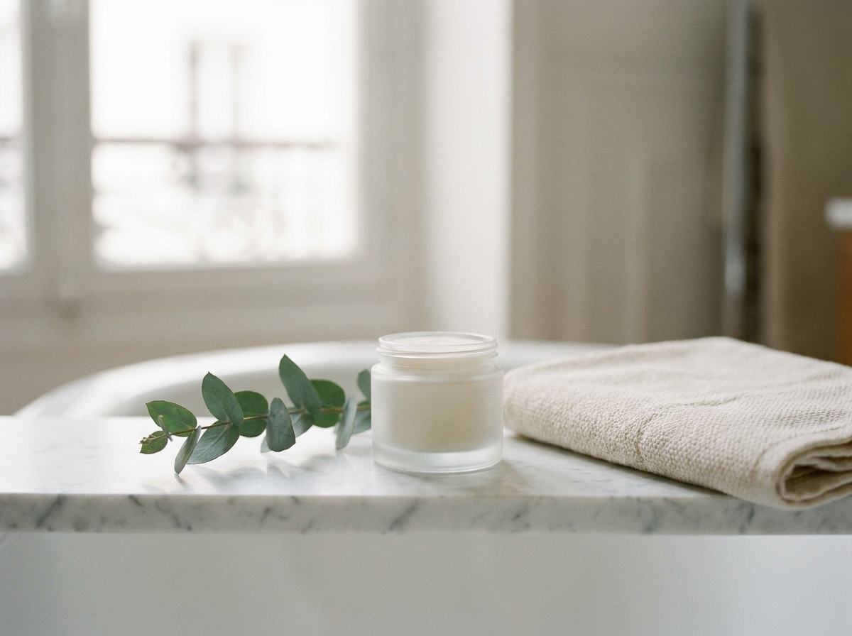 Déodorant naturel solide au musc blanc sur marbre blanc avec branche d'eucalyptus, salle de bain épurée