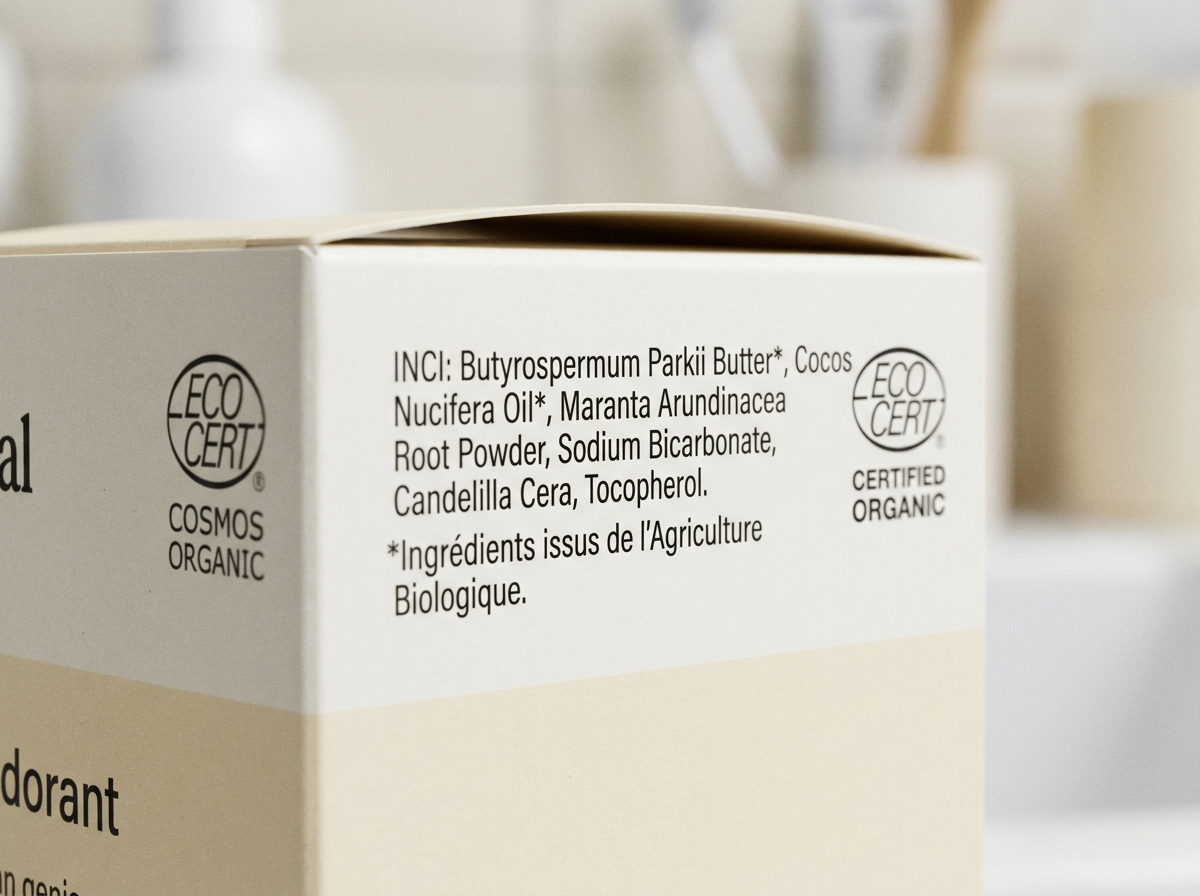 Gros plan sur la liste INCI d'un déodorant naturel certifié, mention Ecocert visible