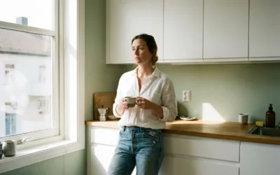Femme debout dans sa cuisine le matin, regard perdu dans le vide, illustrant la fatigue hormonale invisible et le brouillard mental féminin