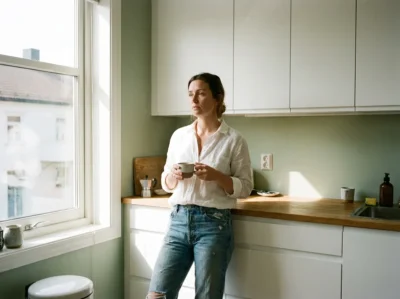 Femme debout dans sa cuisine le matin, regard perdu dans le vide, illustrant la fatigue hormonale invisible et le brouillard mental féminin