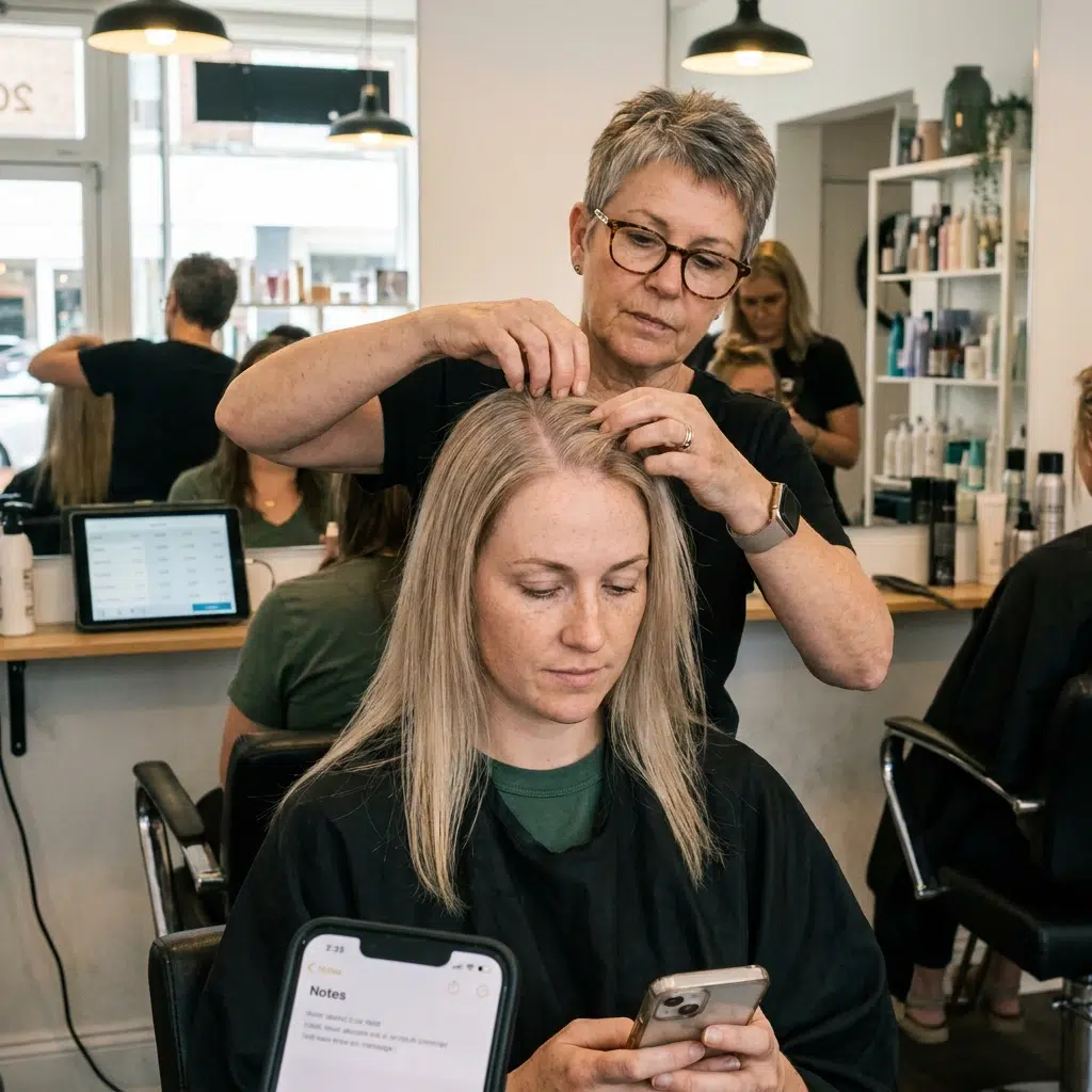 Coiffeuse évaluant la densité des cheveux fins d'une cliente avant un devis de pose d'extensions