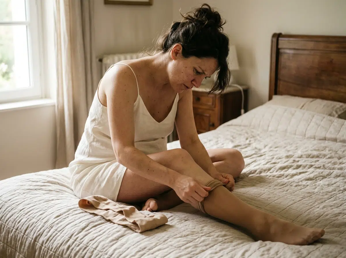 Femme enceinte enfilant son collant de contention le matin assise sur son lit avec un enfile-bas.