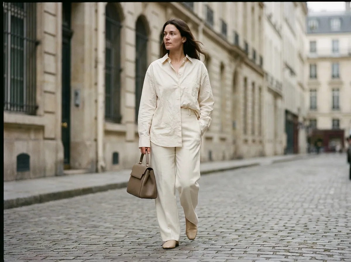 Femme en chemise blanche oversize et pantalon ivoire taille haute dans une rue parisienne