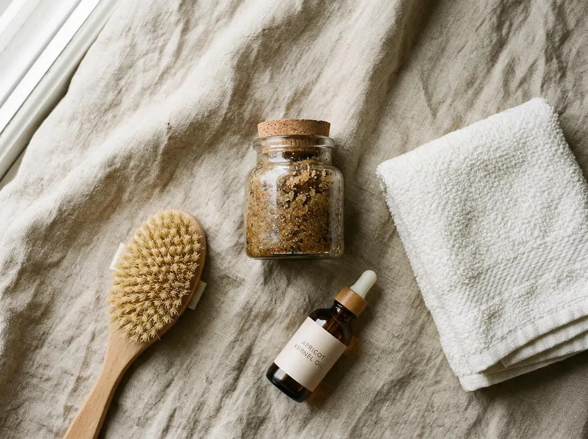 Produits de gommage corps naturels — brosse, exfoliant sucre et huile d'abricot — pour préparer la peau au bronzage
