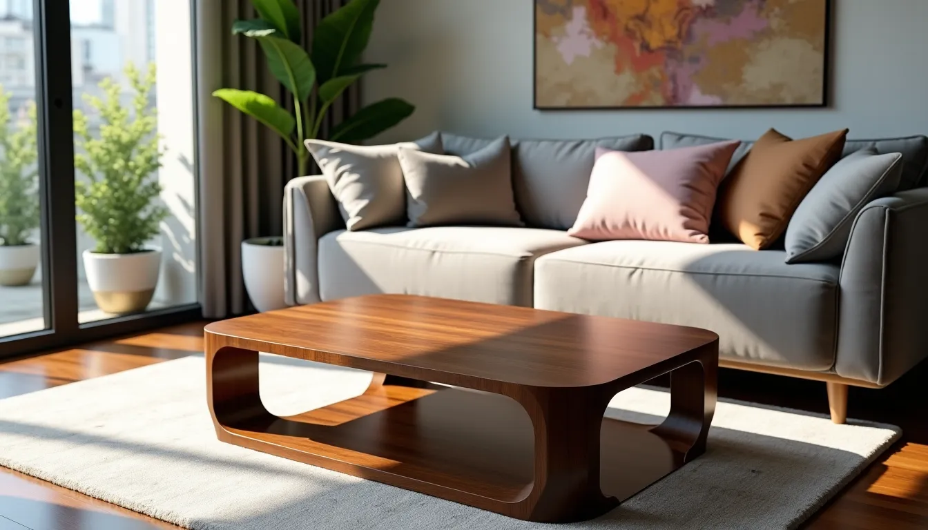 Gros plan sur une table basse en bois foncé au design courbé dans un salon ensoleillé.