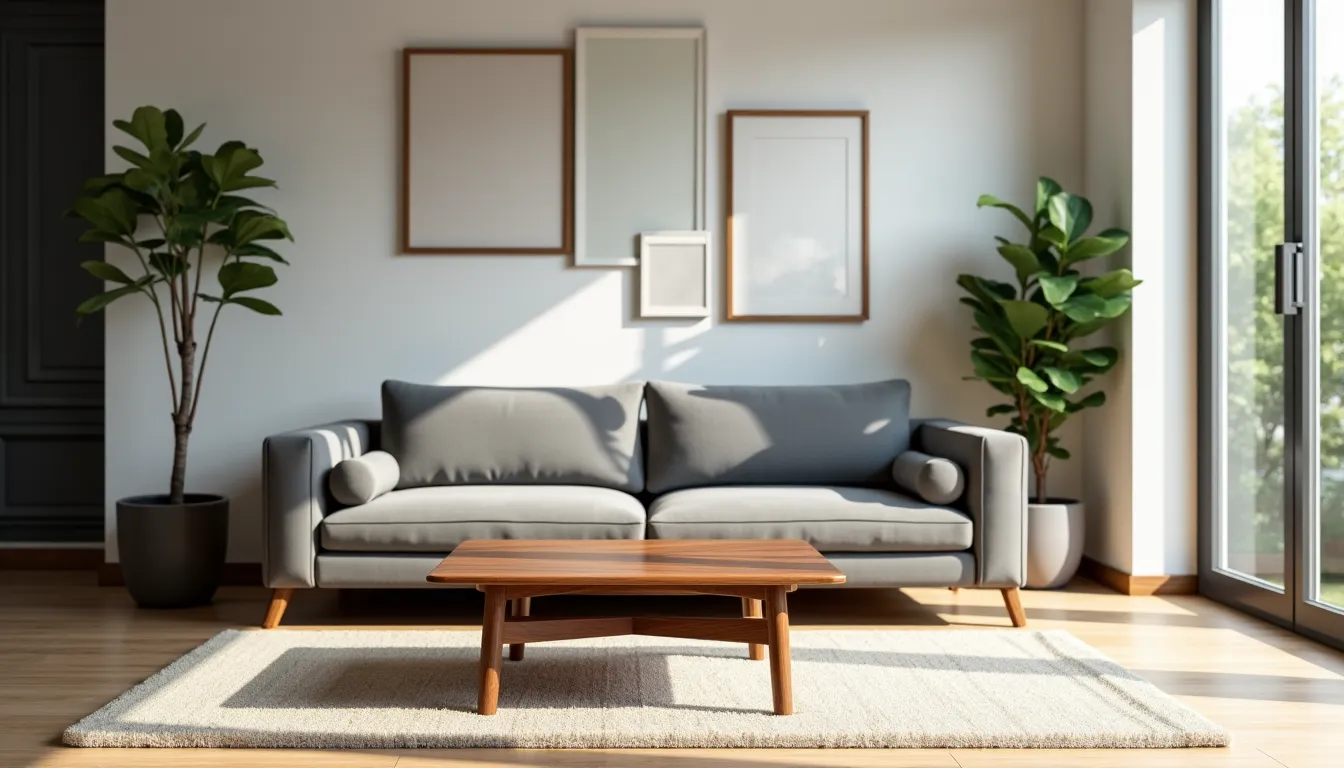 Salon lumineux avec canapé gris moderne, table basse en bois et cadres muraux minimalistes.