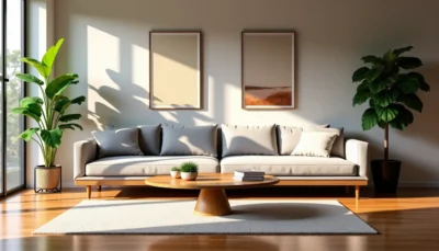 Grand salon moderne avec canapé beige, table basse ronde en bois et grandes plantes vertes.
