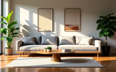 Grand salon moderne avec canapé beige, table basse ronde en bois et grandes plantes vertes.