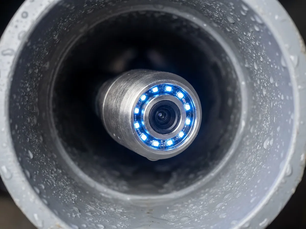 Gros plan sur l'objectif d'une caméra d'inspection introduite dans un tuyau PVC