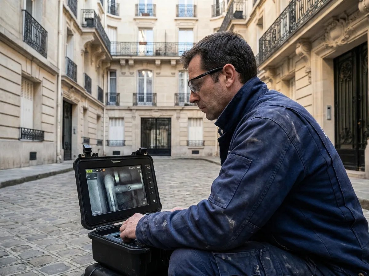 Technicien consultant un écran de contrôle lors d'une inspection vidéo de canalisation