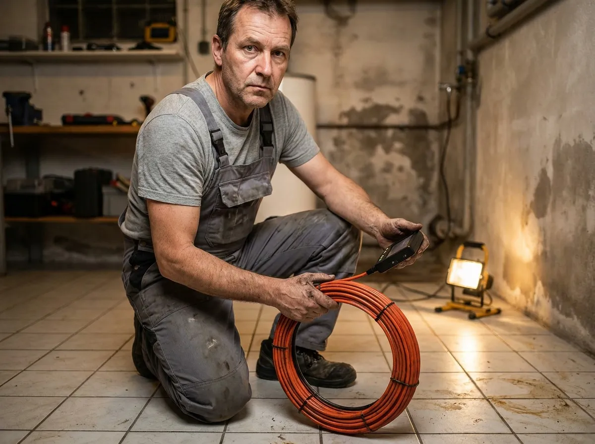 Plombier tenant un câble de caméra d'inspection de canalisation en sous-sol