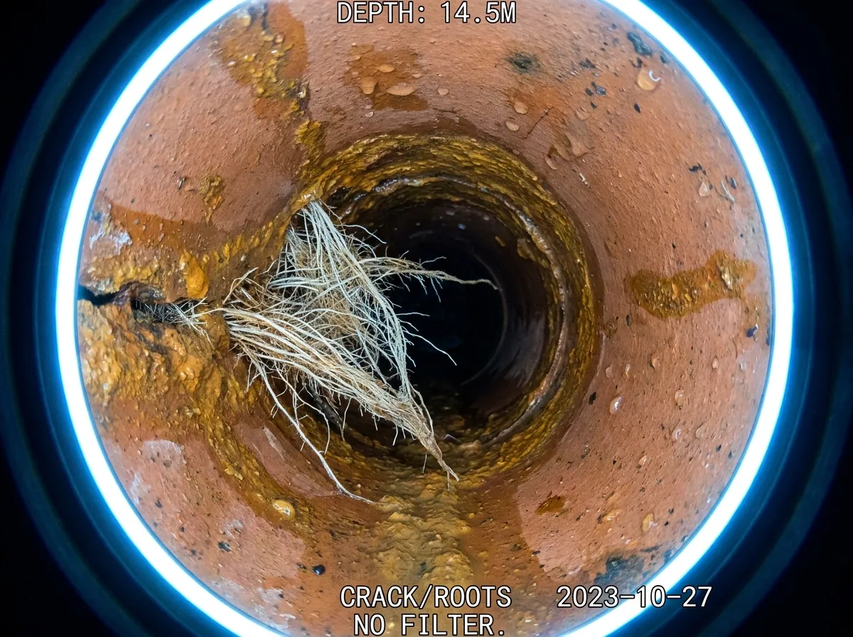 Vue intérieure d'une canalisation avec infiltration de racines et fissure visible