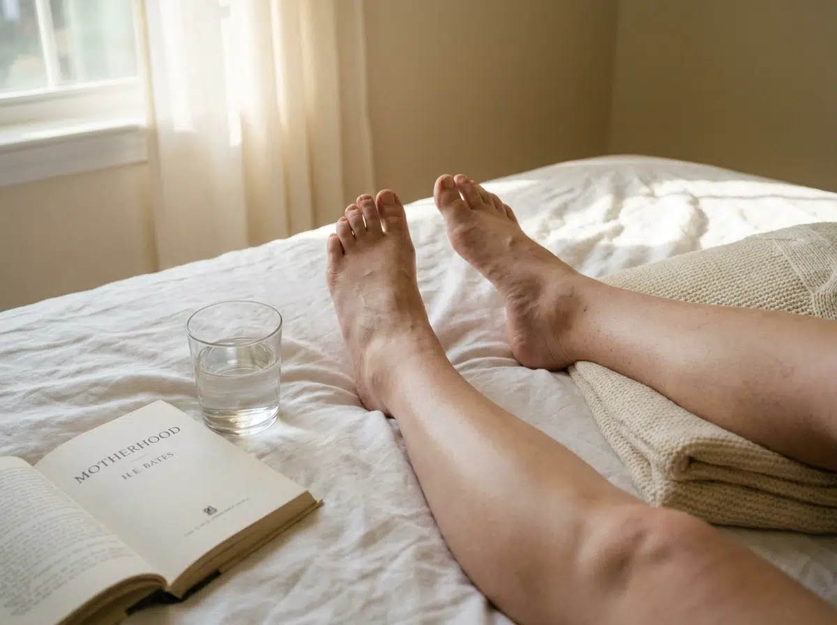 Jambes de femme enceinte au repos avec léger gonflement des chevilles, signe de jambes lourdes pendant la grossesse.