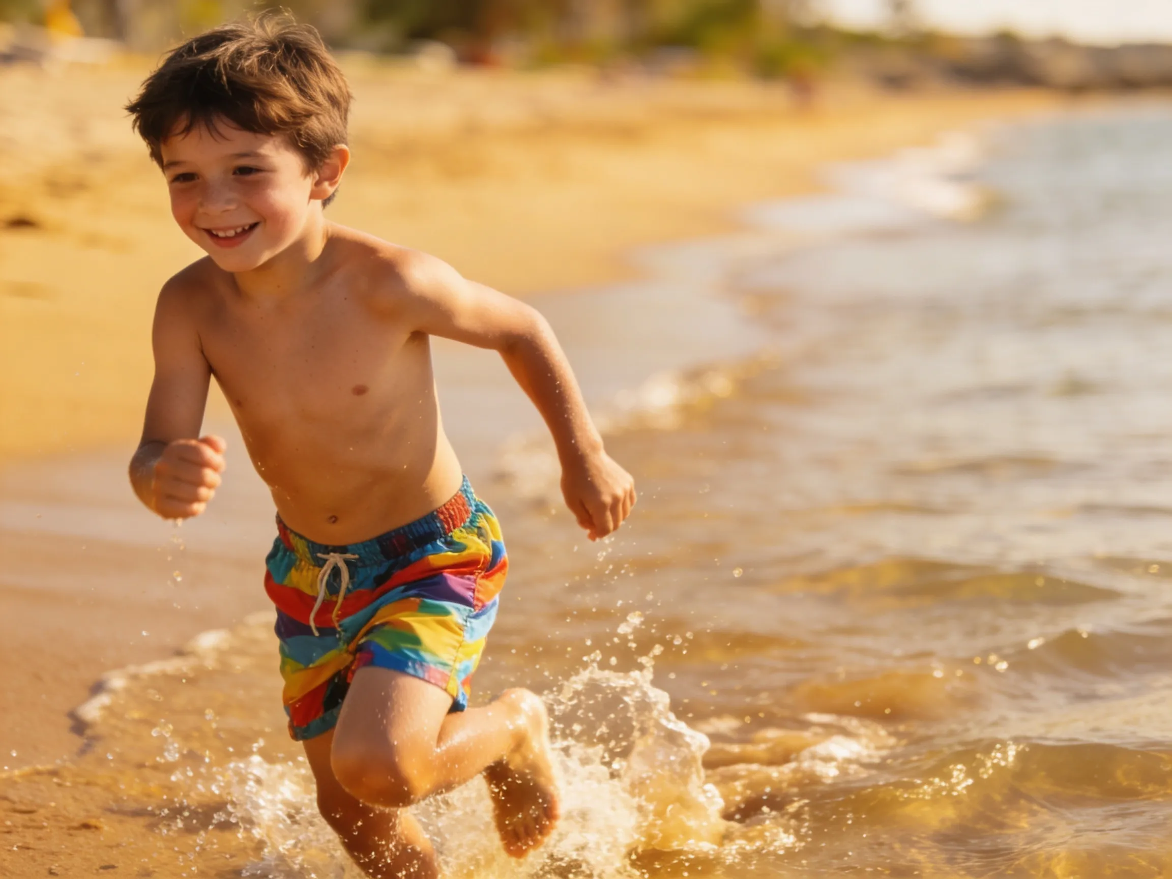 Garçon qui court sur la plage en short de bain coloré, tenue d'été enfant pour jeux aquatiques