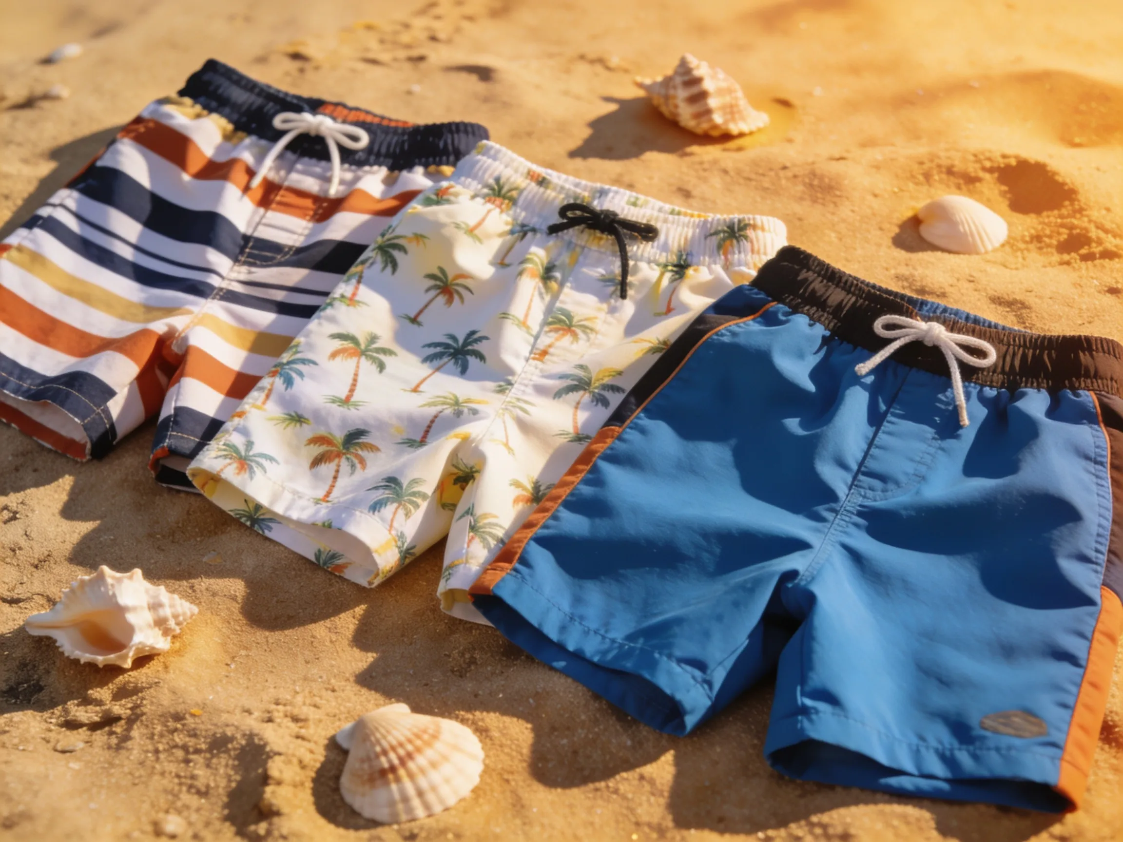 Trois shorts de bain garçon aux motifs variés — rayures, imprimé tropical et uni — posés sur sable, tendances maillots garçon été