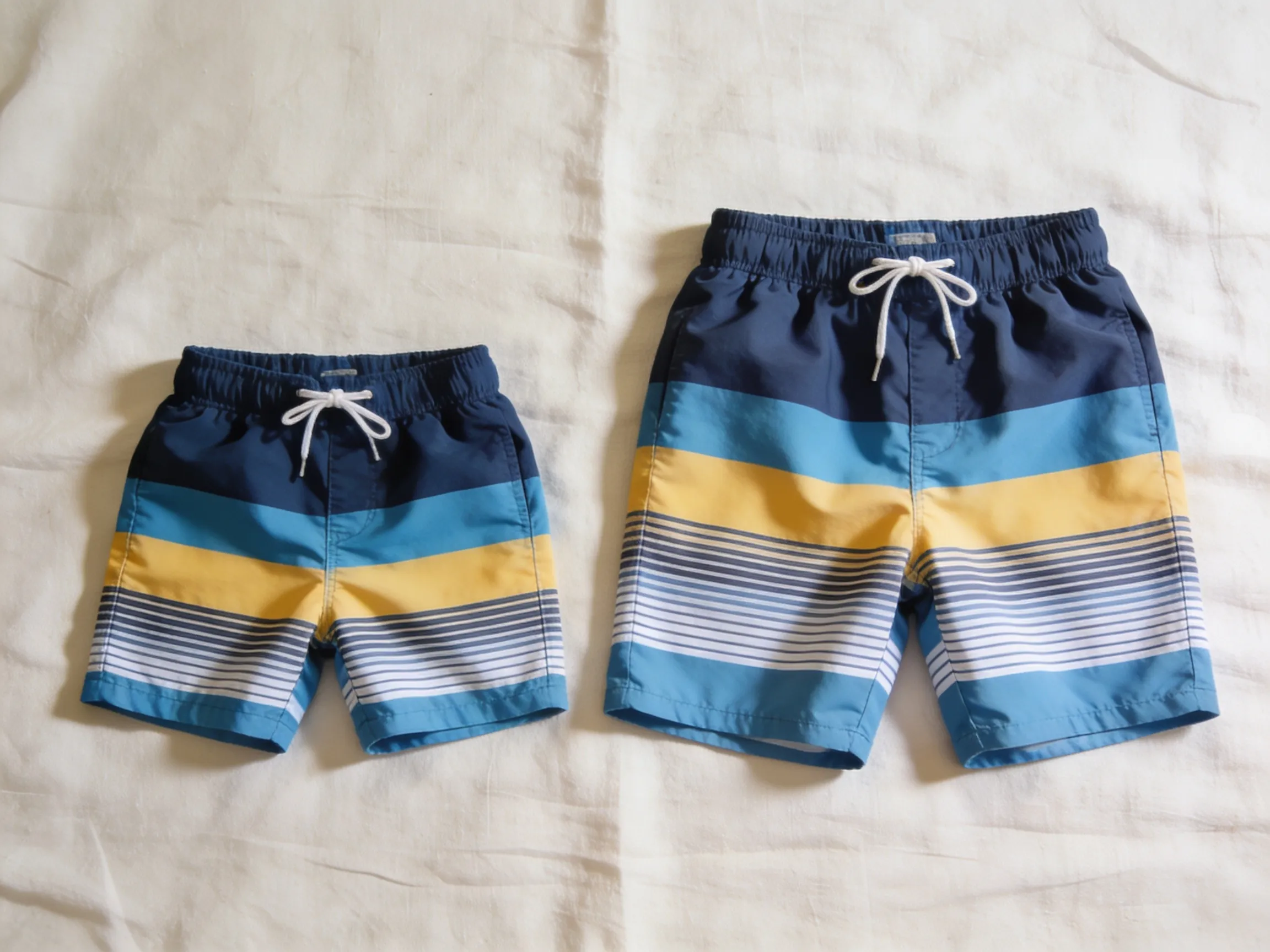 Deux shorts de bain garçon côte à côte illustrant l'achat une taille au-dessus pour anticiper la croissance