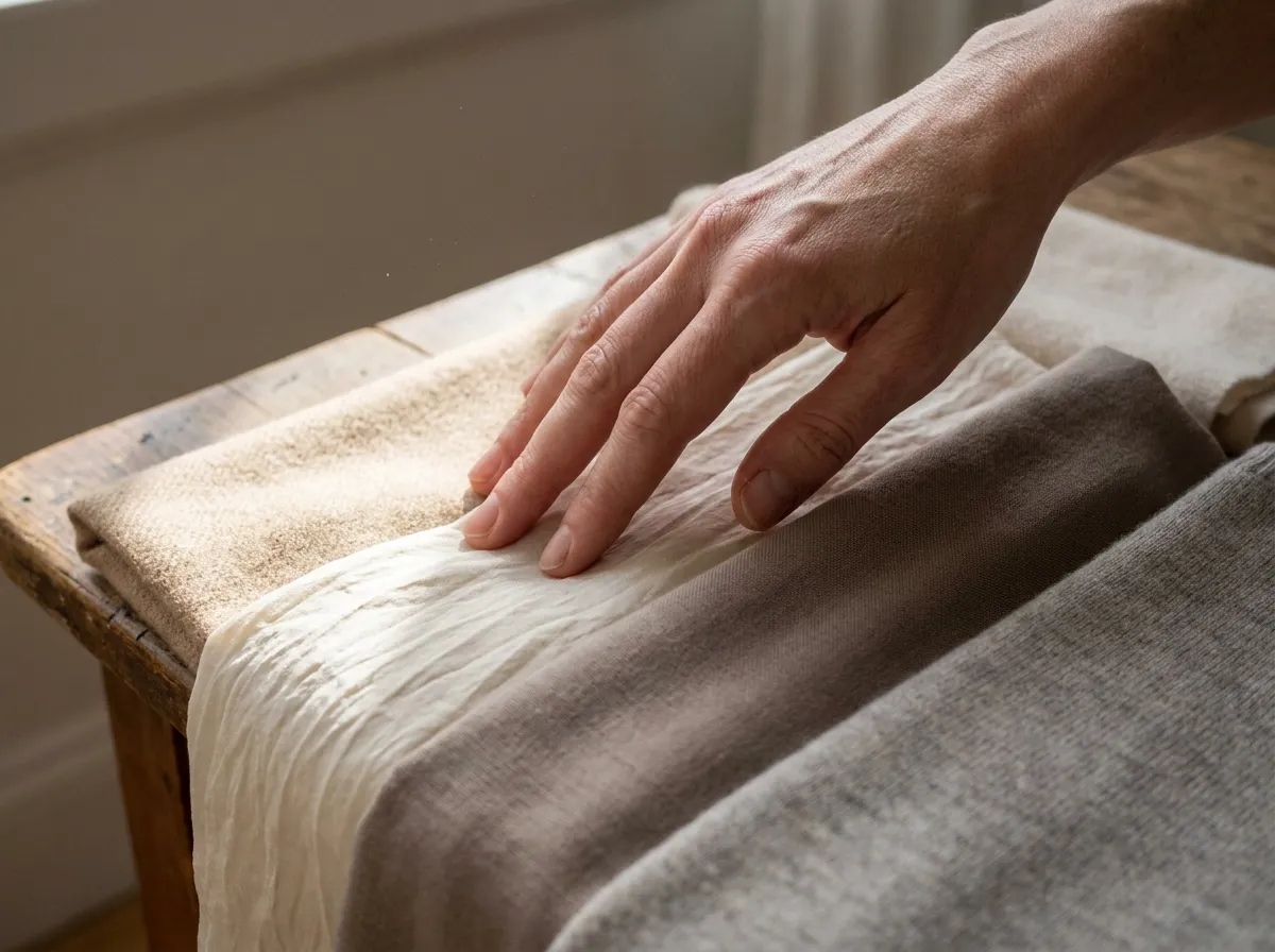 Détail textile gros plan sur laine peignée beige et soie ivoire posées côte à côte
