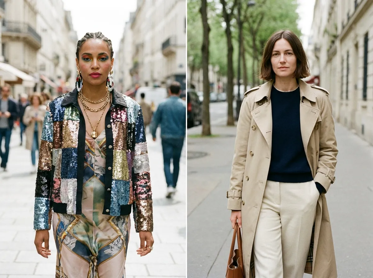 Comparaison entre look maximaliste de défilé et silhouette épurée street-style