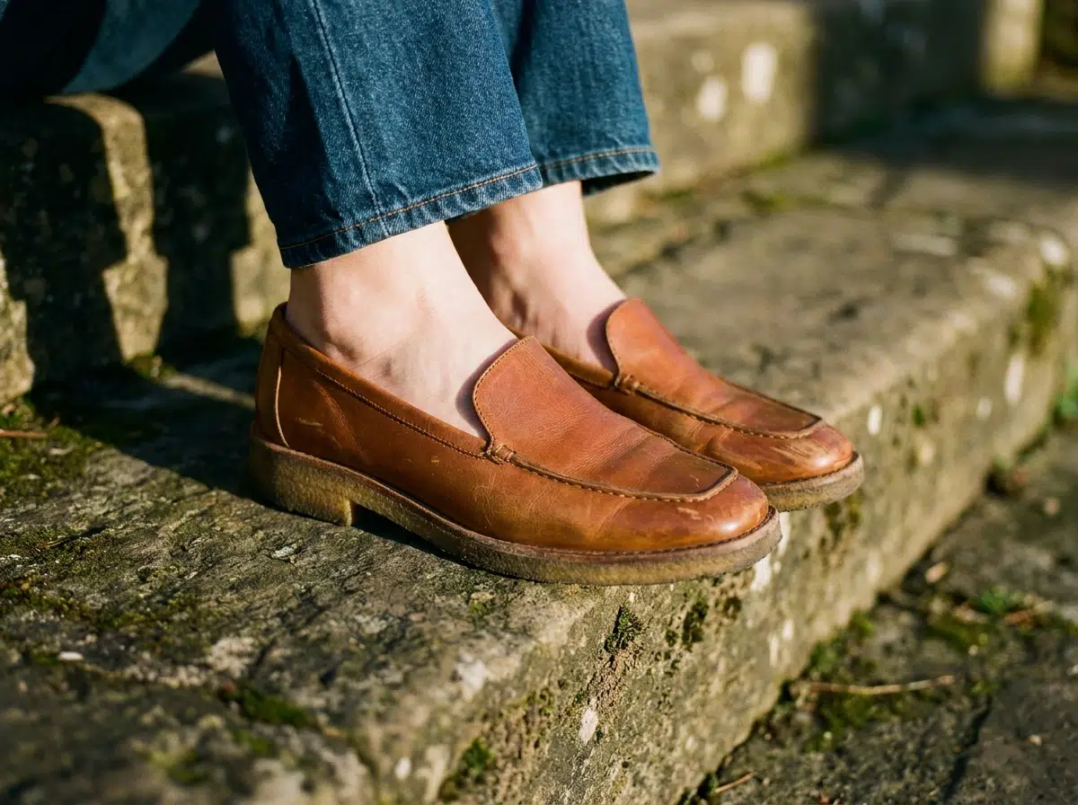 détail de mocassins en cuir cognac à semelle crêpe pour femme, portés sur une marche en pierre