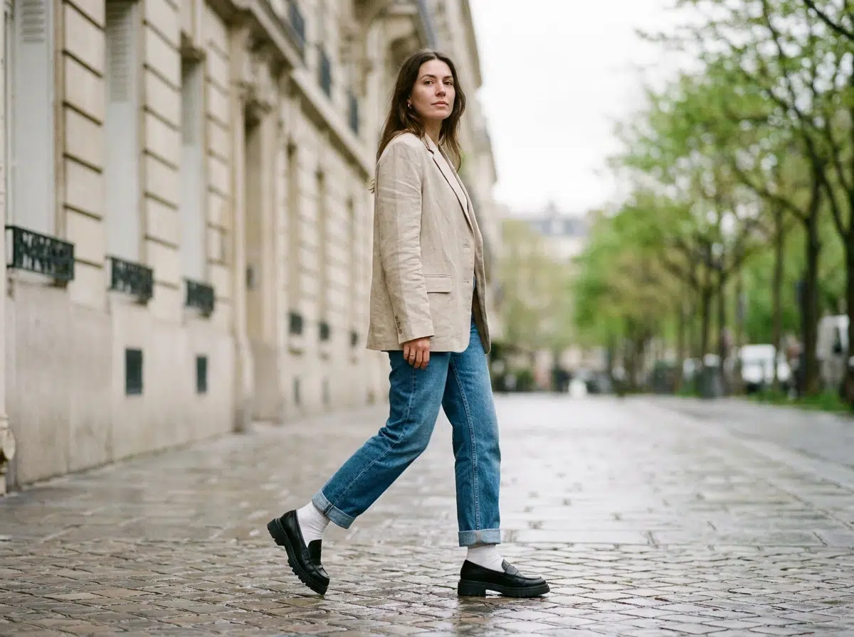 Mocassins en cuir noir pour femme portés avec un jean retroussé et une veste en lin, look printemps urbain