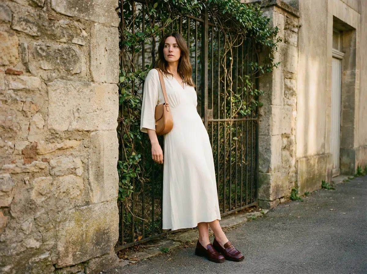 mocassins-femme-look-robe-midi-printemps Mocassins en cuir bordeaux portés avec une robe midi fluide ivoire, look printemps élégant et décontracté