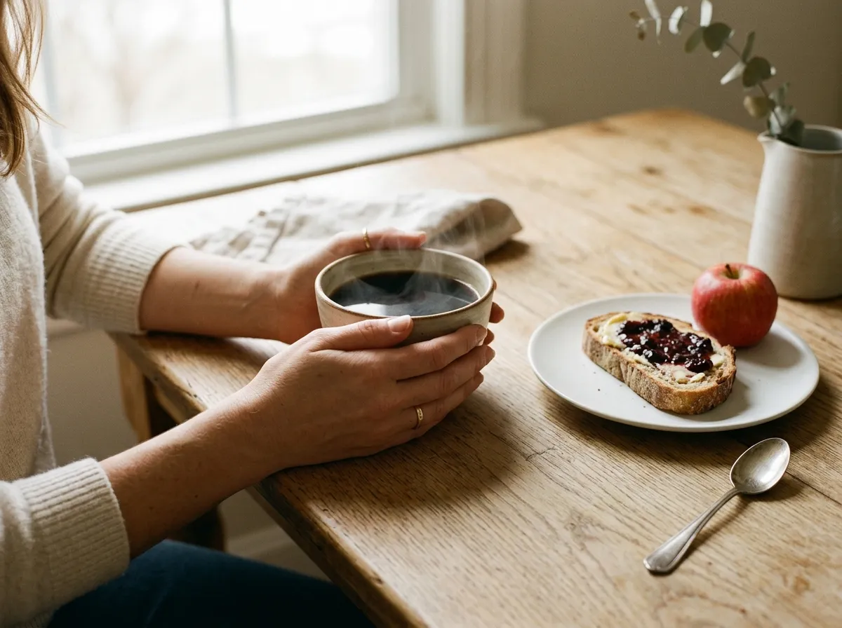 mains de femmes tenant une tasse, devant elle petit-déjeuner tartine et pomme, slow morning sans écran matin