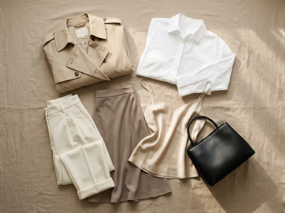 Flat lay des six pièces minimalistes essentielles d'une garde-robe femme