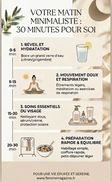 Infographie résumant la routine matinale minimaliste en 30 minutes.