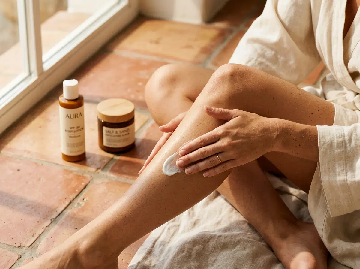 Femme appliquant une lotion hydratante sur ses jambes avant de s'exposer au soleil en été