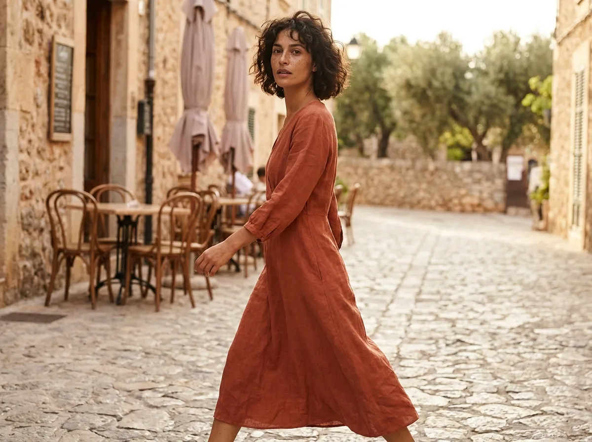 Femme en robe d'été en lin terracotta dans une rue ensoleillée, look estival pas cher