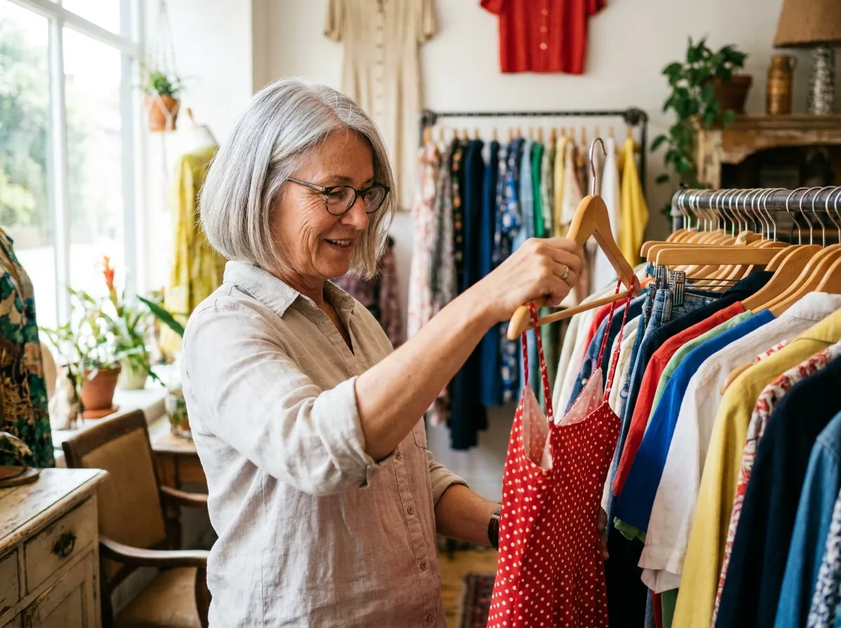 Femme inspectant une robe d'occasion sur un portant dans une boutique vintage