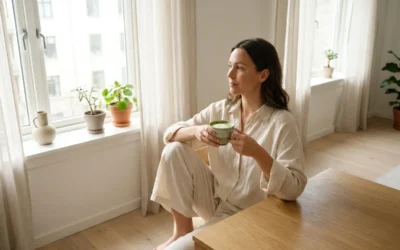 routine-matinale-bien-etre femme souriante buvant un matcha dans une cuisine lumineuse et épurée.