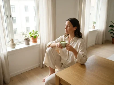 femme souriante buvant un matcha dans une cuisine lumineuse et épurée.