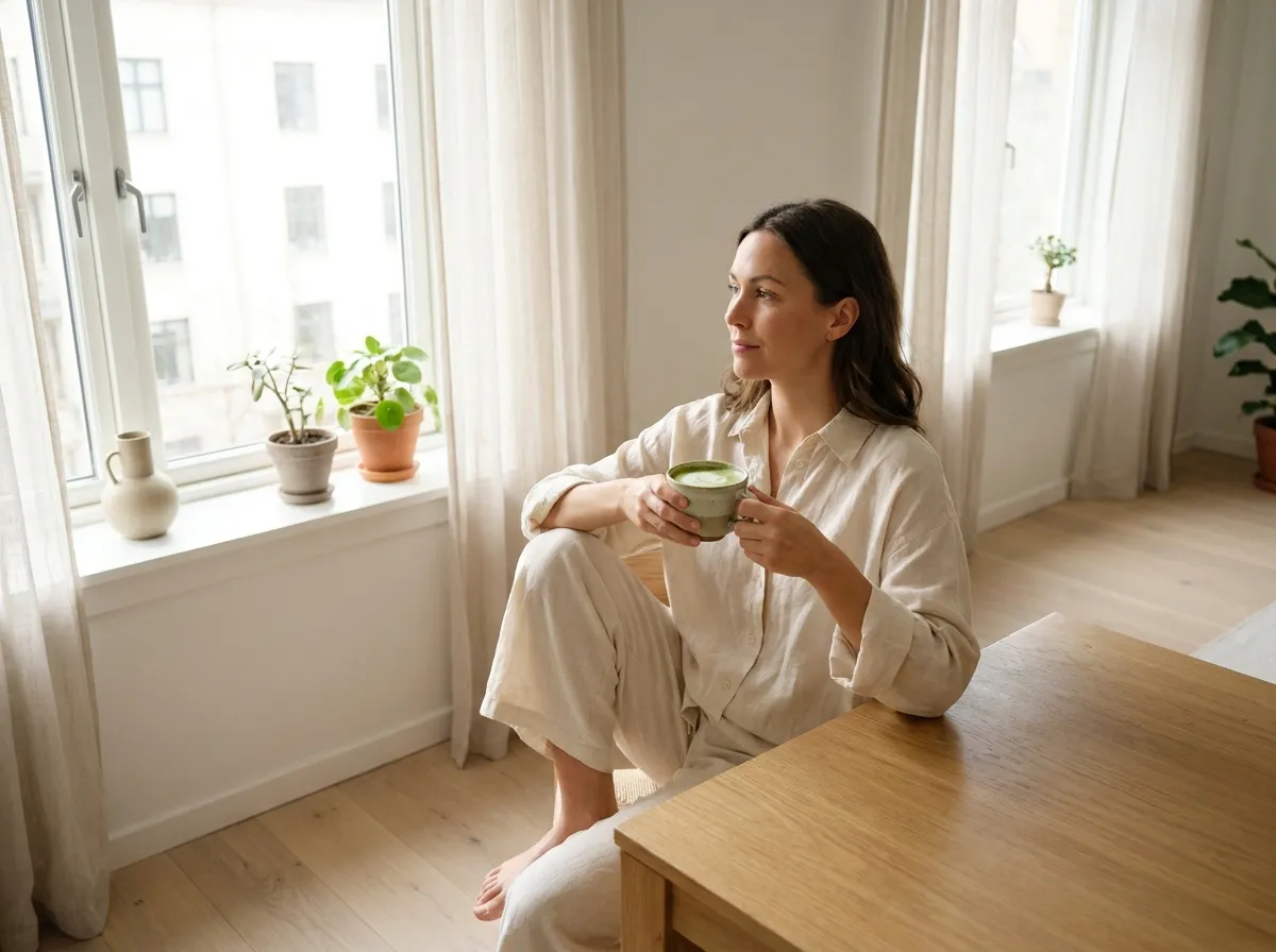 routine-matinale-bien-etre femme souriante buvant un matcha dans une cuisine lumineuse et épurée.