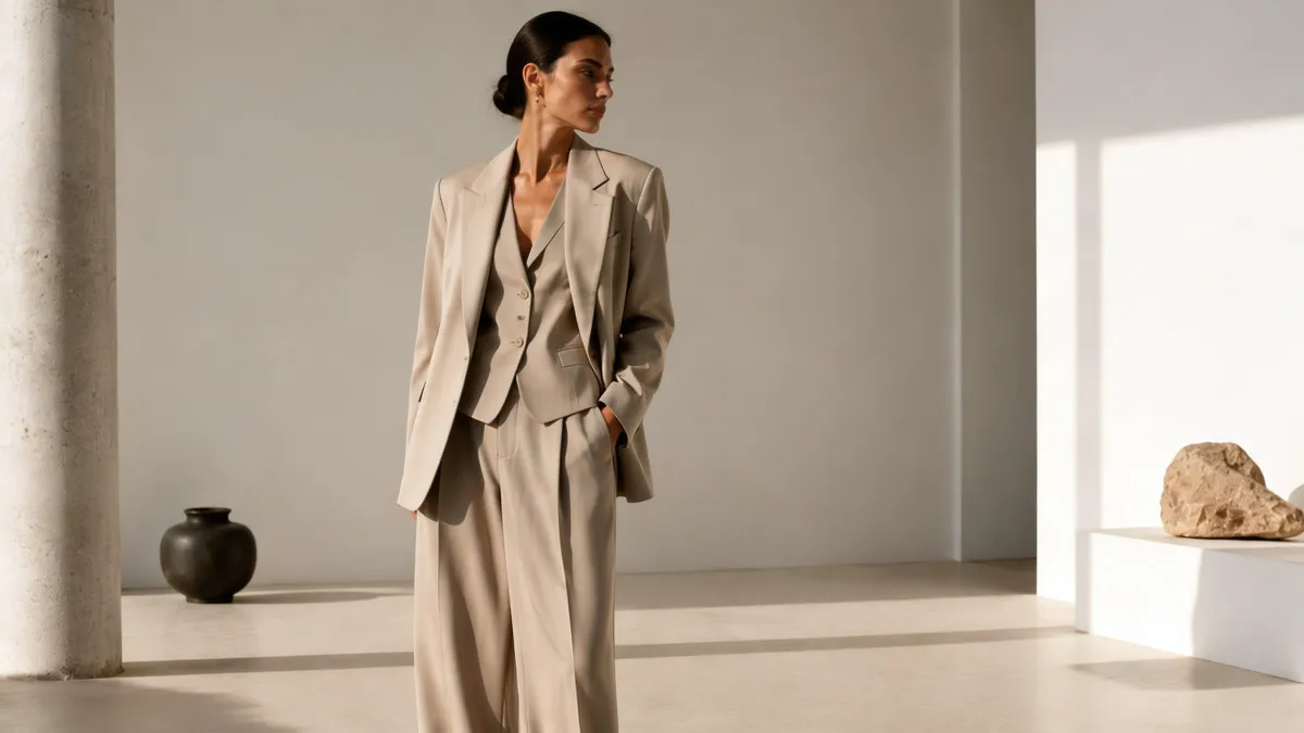 silhouette-minimaliste-tailleur-beige Femme en tailleur beige oversize avec gilet assorti et pantalon large dans un intérieur minimaliste lumineux