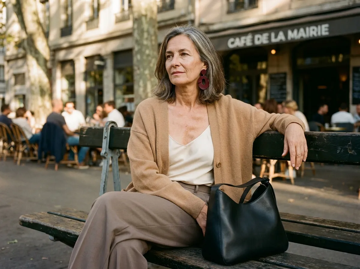 emme cinquantaine en cardigan camel et pantalon taupe avec boucles d'oreilles bordeaux