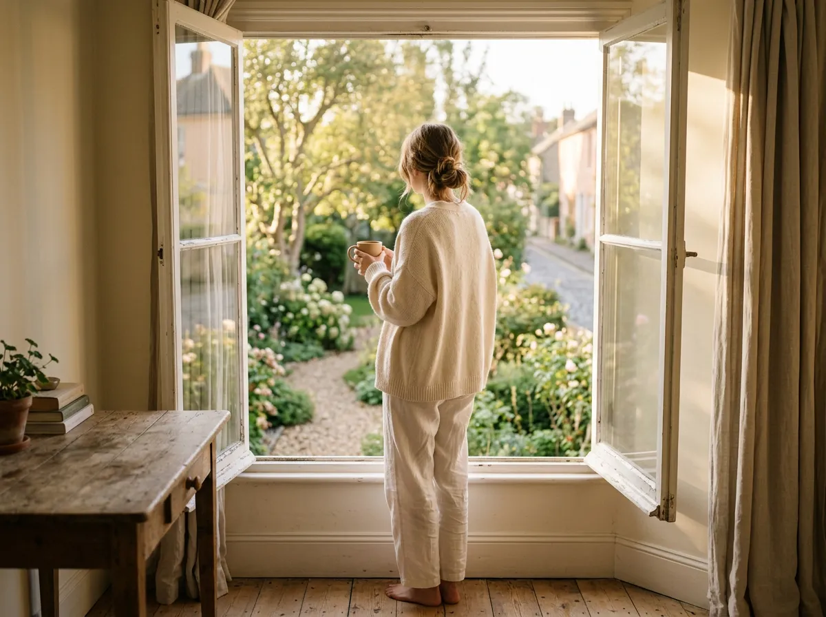 femme matin calme slow morning bien-être debout devant sa fenetre