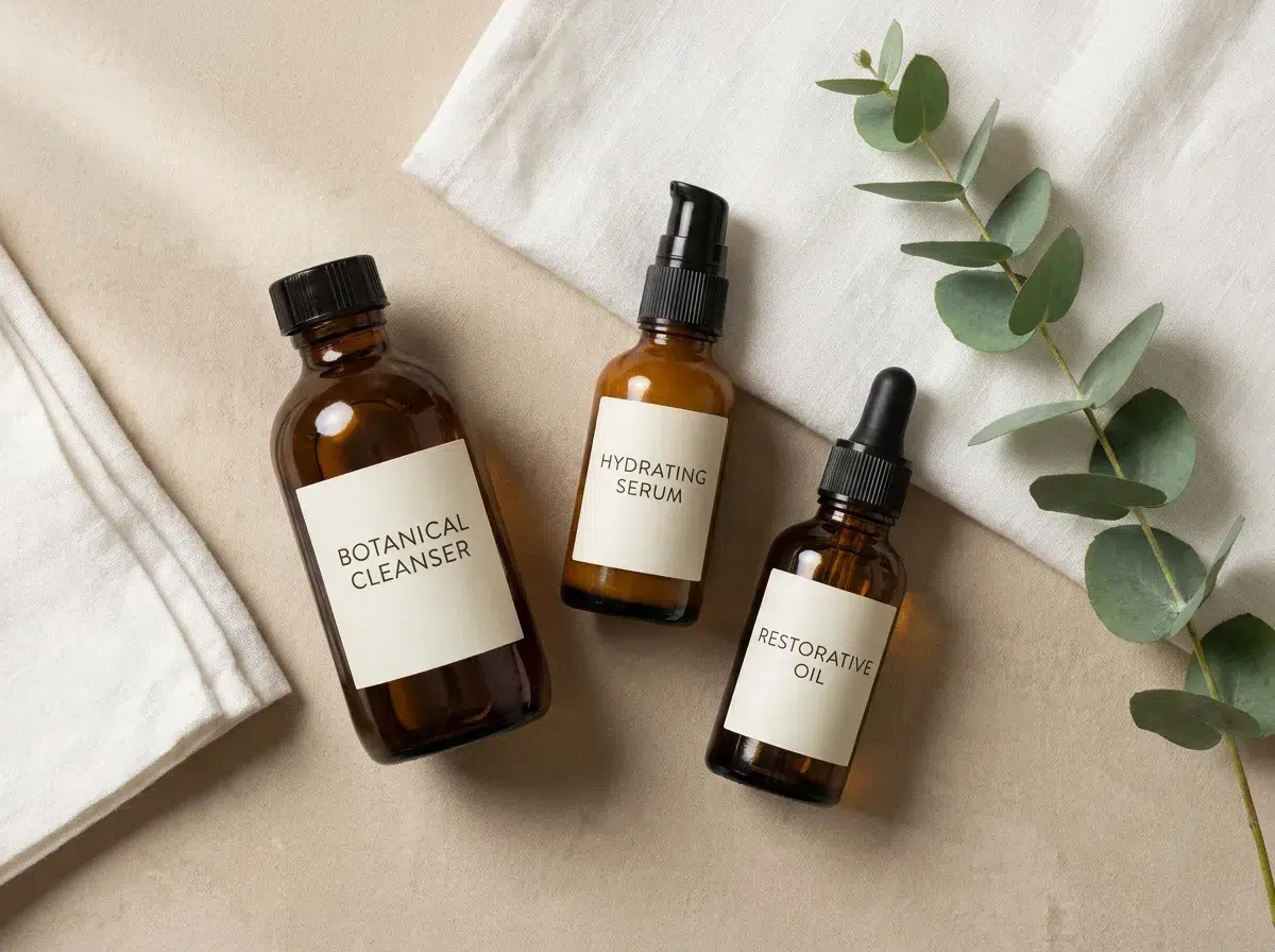 Sélection de produits de beauté essentiels : nettoyant, sérum et protection solaire